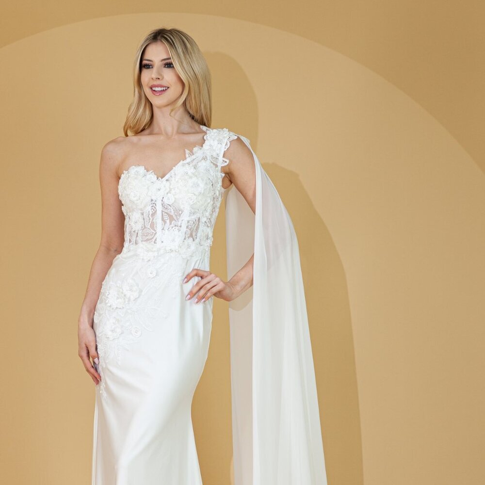 NEW LONG ONE SHOULDER EMBROIDERED GOWN WITH ZIPPER BACK & SHOULDER CAPE AC 388
